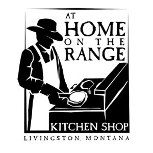 Logo for At Home On The Range, a wood cut of a cowboy at a stove
